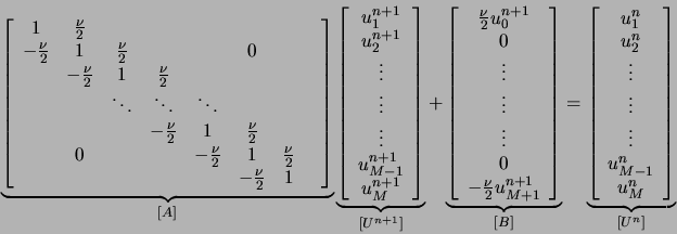 \begin{displaymath}
\underbrace{
\left[
\begin{array}{cccccccc}
1&\frac{\nu}{2}&...
...dots\\
u_{M-1}^{n}\\
u_{M}^{n}
\end{array}\right]}_{[U^{n}]}
\end{displaymath}
