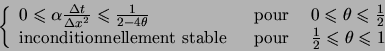 \begin{displaymath}
\left\{
\begin{array}{lcl}
0 \leqslant \alpha \frac{\Delta t...
...}& \frac{1}{2} \leqslant \theta \leqslant 1
\end{array}\right.
\end{displaymath}