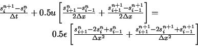 \begin{displaymath}
\begin{array}{l}
\frac{s_{i}^{n+1}-s_{i}^{n}}{\Delta t} + 0....
...+1}-2s_{i}^{n+1}+s_{i-1}^{n+1}}{\Delta x^2} \right]
\end{array}\end{displaymath}